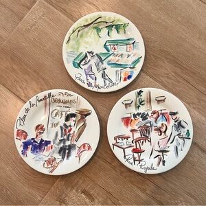 Set Of 3 Notre Dame Faiencerie De Gien, Joli Paris - Canape Or Bread Plates 6.5”